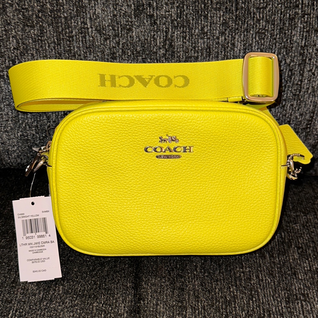 Coach Mini Jamie Camera Bag W/ Logo Strap Neon Bright Yellow Pebble Leather Nwt